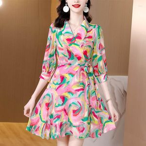 Casual Dresses Women Fashion Print Chiffon V-Neck Mini Dress Summer Elegant Office Lady 2023 Korean Vintage Bodycon Skirt