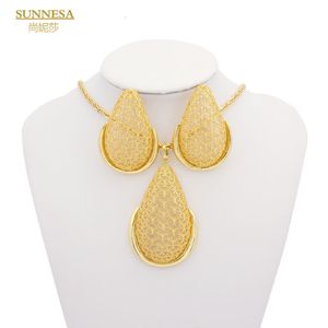 Hochzeit Schmuck Sets SUNNESA Goldene Dünne Mesh Dubai Set für Frauen Mode Wasser Tropfen Form Anhänger Halskette Luxus Afrikanische Große ohrstecker 230717