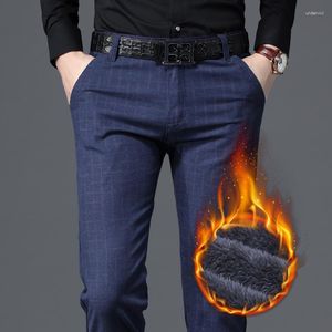 Men's Pants Fleece Winter Thicker Straight Stretch Plaid Fashion Casual Business Trousers Male Brand Clothing Blue/Black