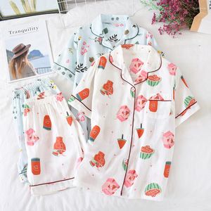 Kvinnors sömnkläder Summer Cotton Gaze Pyjamas Set Thin and Loose Short Sleeved Top med Shorts Soft Loungewear For Home Two Piece Sets