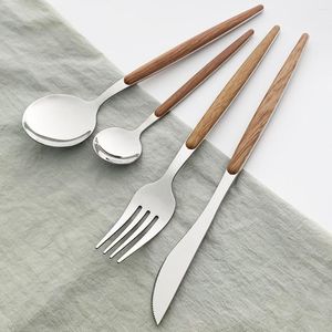 Dinnerware Sets Knives Forks Tea Spoon Silverware Party Flatware Set 24Pcs Glossy Cutlery Wooden Handle Stainless Steel Tableware