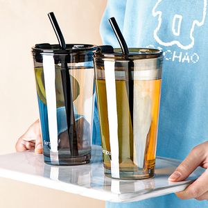 Weingläser Koreanische Aurora Glas Dazzle Stroh Tasse Kaffee Milch Tee Kalt Cui Becher mit Deckel 230717