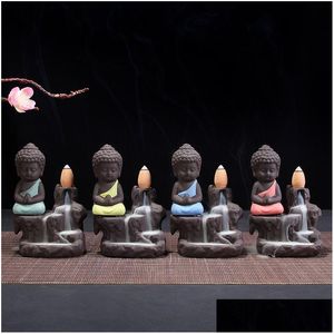 Doftlampor säkerhetsskum förpackning liten buddha ryggflöde rökelse brännare lila sand munk censer mini keramik bergvatten 12ds dhryq