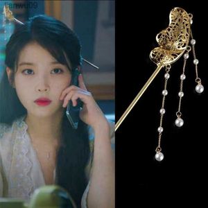 24cm IU Lee Ji Eun same pearl hairstick retro hairpin headdress of druna Hotel for women hairwear decoration L230704
