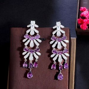 Brincos pendentes ThreeGraces Elegante Roxo Zircônia Cúbica Casamento Noiva Gota Longa Para Mulheres Moda Festa Jóias E1274