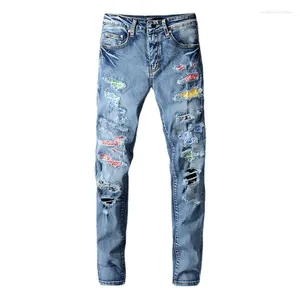 Jeans masculino AM Fashion Design Rasgado Applique Usado Casual 2023 Trend Slim High Street Calça Lápis Hip Hop