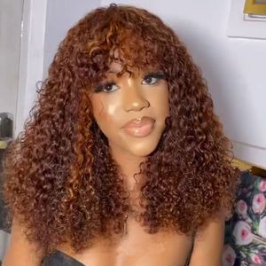 Medium length Bob Curly Human Hair Wigs with Bangs Pixie Cut Ombre Blonde Wig for Women Full Machine Made Hair Wigs Brown cheap glueless Wigs 16inch 150%density