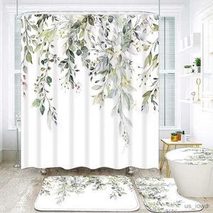 Shower Curtains Green Leaves Shower Curtain Sets Spring Rural Plant Flower Bathroom Curtains Non-Slip Toilet Lid Cover Rug Baths Home Decor R230717