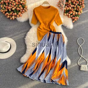 Women's Two Piece Pants Pinkou Women Elegant Orange Blouse Set Short Sleeve Knitted Shirt Elastic Waist Midi Skirt Summer Two Piece Set Mujer TZ33 J230717