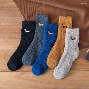 Men's Socks Peonfly Autumn And Winter Men Coral Fleece Japanese Half Embroidery Dog Middle Thick Warm Towel