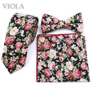 Neck Tie Set Floral Cotton 6cm Necktie Sets Bowtie Pocket Square Blue Pink Black Men Skinny Wedding Party Daily Suit Cravat Gift Accessory 230717