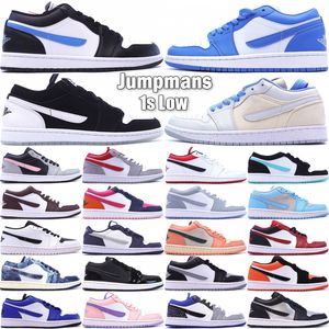 Jumpmans 1 1s Low Basketball Shoes For Mens Trainers Womens Leather Designer UNC Mocha Midnight Navy Wolf Grey Game Royal Bred Toe Outdoor Sneakers Storlek 36-45