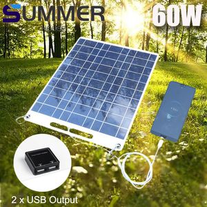 Batterier 60W SOLAR PANEL PORTABLE 5V Dual USB Fast Charg Kit Outdoor Emergency Charging Battery Camping Toming Travel Telefonladdare 230715