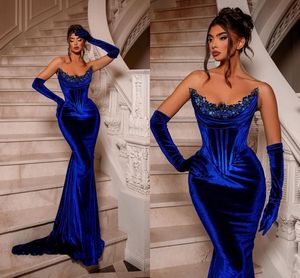 Dubai Arabic Royal Blue Mermaid Evening Dresses Strapless Beaded Crystals Formal Evening Party Dress Prom Birthday Pageant Celebrity Special Occasion Gowns