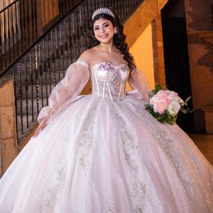Ivory lśniące sukienki Quinceanera Luksusowe kryształowe aplikacje długie rękaw na ramionach przyjęcie urodzinowe suknia balowa vestidos de 15 anos