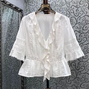 Blusas Femininas Tops de Algodão 2023 Moda Verão Branco Feminino Decote em V Babado Renda Bordado Meia Manga Casual Camisas Vintage