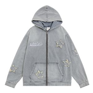 Vintage z kapturem dżinsowa kurtka streetwear Hip Hapoidery gwiazda zamek błyskawiczne dżinsy płaszcz harajuku mody luźne punkowe dżinsy kurtki