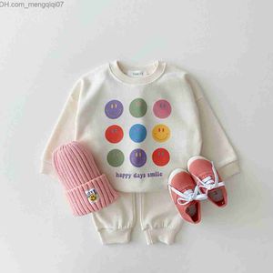 Clothing Sets South Korea Autumn Children's Clothing Set Baby Girls Cartoon Smile Face Sweatshirt Top+Jogging Pants Set Casual Boys Solid Set New Z230717