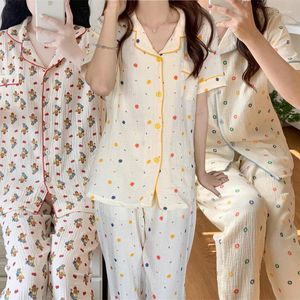 Kvinnors sömnkläder 2023 Autumn Short Sleeve Long Pants Pyjama Set For Women Korean Cotton Print Pyjama Homewear Pijama Mujer Home Clothes