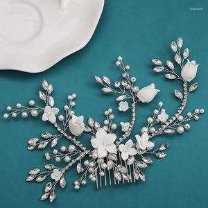 Hair Clips Wedding Accessories Porcelain Flower Comb Pin Imitation Pearl Crystal Hairpin For Brides Women Head Pieces Bridal Jewelry