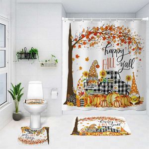 Cortinas de chuveiro aquarela abóboras conjuntos de cortina de chuveiro de ação de graças dia das bruxas outono laranja azul decoração do banheiro cortinas antiderrapantes tapetes de banho