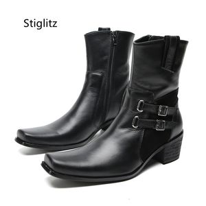 Double Buckle Genuine Leather Ankle Boots for Men Black High Heels Western Boots Safety Shoes Man for Work Punk Side Zipper