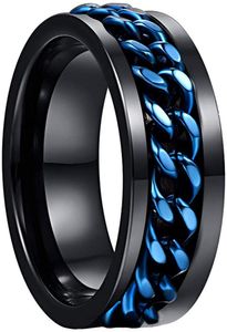 Bröllopsringar Nuncad Men's 8mm Tungsten Carbide Ring Black Tungsten Steel Ring med blå roterbar kedja Inlagd Comfort Fit Size 6-12 230717