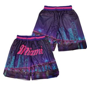 Shorts masculinos Shorts de basquete Miami Night Cintura com cordão elástico bordado Shorts esportivos ao ar livre Calças de praia com quatro bolsos Roxo 230715