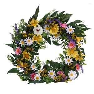 Coroa de flores decorativas para porta de primavera Flor artificial Margarida frontal floral para decoração de casa de fazenda