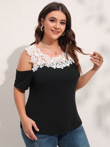 Camiseta Feminina Plus Size Finjani Contrast Guipure Renda Cold Shoulder Tee Plus Size Solid Tops Feminino Moda Verão Renda Senhoras Tops Manga Curta 230715