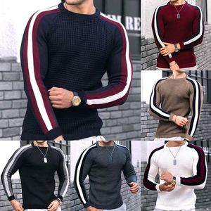 Men's Sweaters autumn and winter waffle plaid long sleeved round neck contrasting slim fitting bottom sports casual knit shirt Men's