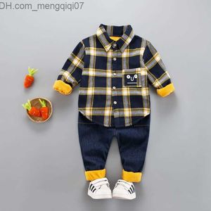 Conjuntos de roupas de outono infantil, meninos e meninas, roupas de bebê, veludo grosso, padrão liso, camisa, calças, 2 peças/conjunto, roupas infantis Z230717