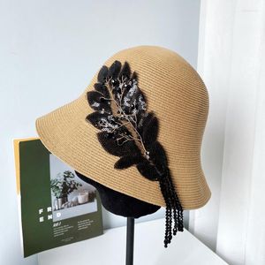 Wide Brim Hats Trend Summer Sequined Leaves Tassels String Beads Casual Paper Straw Hat For Women Elegant Lady Bucket Basin Cap Vintage