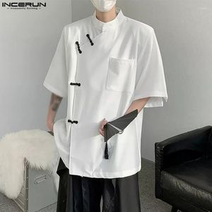 Camicie casual da uomo INCERUN Camicia da uomo Tinta unita Colletto alla coreana Manica corta Abbigliamento in stile cinese Streetwear Camicie con bottoni allentati estivi