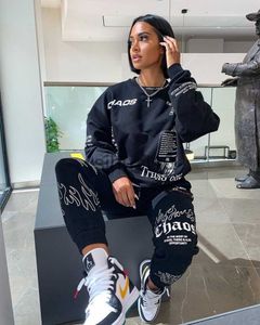 Kvinnors tvåbitar byxor Kvinnor outfit Letter Print Loose 2 Two Piece Set Streetwear Tracksuit Sweatshirt +Joggers Pants Matching Ensemble Femme 2 Pices J230717