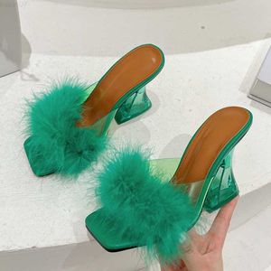 Slippers Size 35-41 Sexy Strange Transparent Heels Slippers Fashion Fur Feather Summer Sandals Peep Toe Slip-On Clear Shoes Women Slides L230717