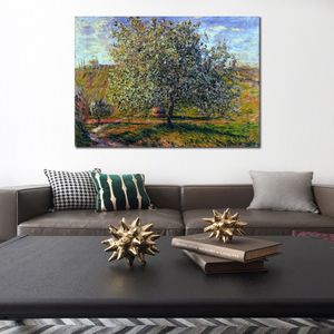 High Quality Handcrafted Claude Monet Oil Painting Tree in Flower Near Vetheuil Landscape Canvas Art Beautiful Wall Decor