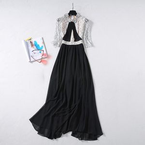 Casual Dresses QUALITY HIGH 2023 Fashion Designer Women's Elegant Half Sleeve Flower Lace Embroidery Patchwork Black Linen Maxi Long Dress