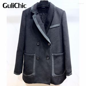 Women's Suits 7.11 GuliChic Women Temperament Casual Cashmere Patchwork Velvet Long Sleeve Double Breasted Blazer