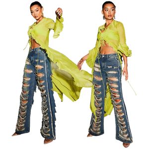 2023 Дизайнерские разорванные джинсы Женщины плюс размер 3xl высокий талия с прямыми джинсовыми штанами Случайные расстроенные отверстия брюки модная уличная одежда массовая оптовая одежда 10024