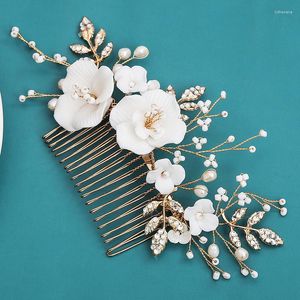 Hair Clips Wedding Accessories Porcelain Flower Comb Pin Clip Rhinestones Pearl Head Pieces Brides Gold Color Hairpin Bridal Jewelry