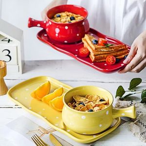 Dinnerware Sets Household Ceramic Polka Dot Bakeware Dinner Salad Plate Bowl Baking Pan Kitchen Tableware with Dessert Tray Single Handle 230717