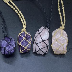 Pendant Necklaces 6pcs Natural Irregular Original Pink Quartz Amethyst Stone Woven Net Stretchable Adjustment Necklace For Women Men