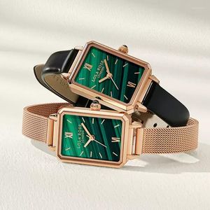 Wristwatches Vintage Green Square Watches Luxury Women Ladies Quartz Watch Brand Dial Simple Rose Gold Leather Steel Strap Wristwatch Clock