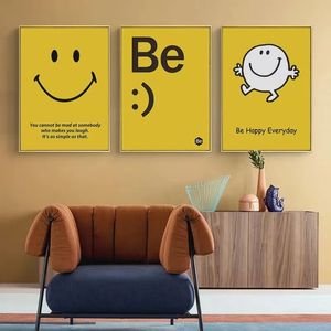 Pintura em tela Nordic Simple Cute Smiley Face Smile Happy Yellow Korean Ins Style Posters and Print Wall Art Picture For Living Room Home Decor w06