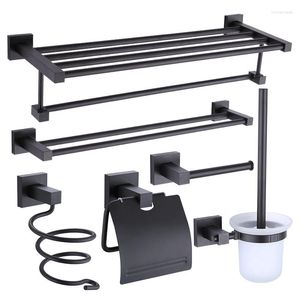 Bath Accessory Set Matte Black Bathroom Products Space Aluminum Hardware Sets Towel Rack Holder Toilet Brush Wall Ring