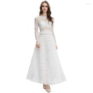 Casual Dresses Party White 2023 Autumn French Style Fashion Lace Perspective Elegant Round Neck Long Sleeved Cake Dress Ankle Length