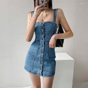 Casual Dresses Summer Denim Short Dress Slip 2023 Patchwork Design Korean Style Retro kjol över knä mini