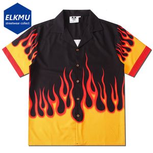 Herr tshirts herrar hip hop hajuku skjortor brandmönster överdimensionerade streetwear -knapp skjortor sommar mode casual lös knapp upp blus 230715