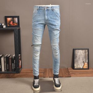 Jeans da uomo Street Fashion Men Retro Light Blue Elastic Spliced Biker Homme Zipper Designer Hip Hop Slim Jeans strappati